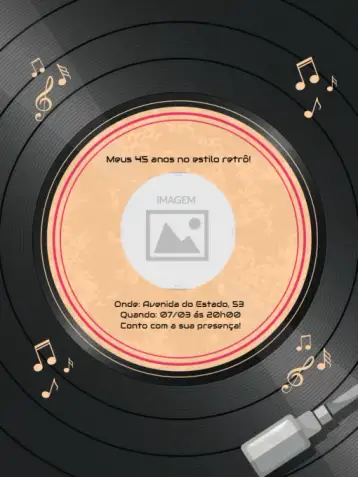 Convite Disco Notas para aniversário de adultos com tema musical. – tema aniversário (retro, vintage, musical, rosa, vinil)