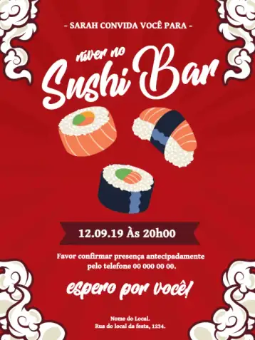 Convite Celebración de Sushi para cumpleaños de adulto con temática de sushi. – tema cumpleaños (rojo, moderno, gastronómico, divertido, minimalista)