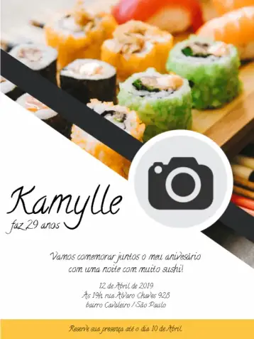 Convite Sushi Whatsapp para aniversário com temática de sushi. – tema cumpleaños (moderno, minimalista, colorido, japonés, descontraído, vibrante)