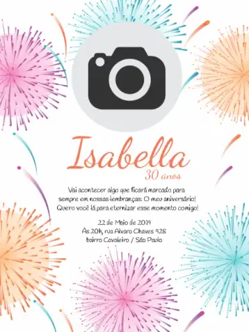 Convite Fuegos Foto para cumpleaños con temática de fuegos artificiales. – tema cumpleaños (colorido, festivo, moderno, brilhante, alegre)