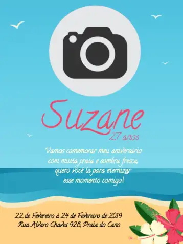 Convite Na Praia Feminino para feminine birthday – tema birthday (beach, summer, floral, colorful, feminine)
