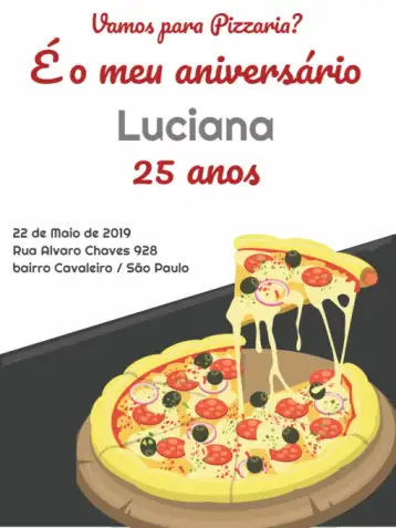 Convite Pizzaria Vermelho para aniversário com tema de pizzaria. – tema aniversário (moderno, acolhedor, vermelho, cinza, branco)