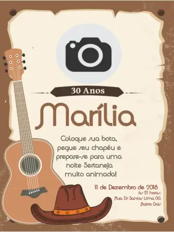 Convite Custom Country Style para birthday with a country theme. – tema birthday (country, rustic, brown, musical, vintage)