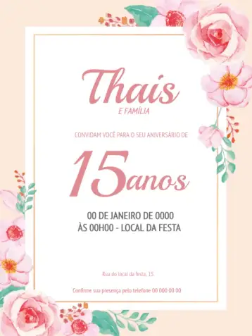 Convite 15 Years Floral para 15 years party or debutante. – tema birthday (floral, delicate, pink, spring, modern, elegant)
