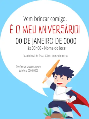 Convite Menino Azul para aniversário infantil com tema de cavaleiro. – tema aniversário (azul, cavaleiro, aventura, festa temática, infantil, diversão)
