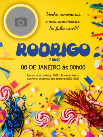 Convite Celebración para cumpleaños infantil – tema cumpleaños (amarillo, colorido, divertido, festivo, infantil, personalizado)