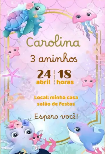 Convite Fundo Do Mar Para Editar Menina para aniversário infantil com tema de fundo do mar. – tema aniversário infantil (colorido, marinho, lúdico, divertido, tropical, fantástico)