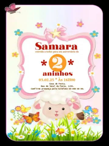 Convite Ovelhinha Editar Comemoração para aniversário infantil – tema aniversário infantil (infantil, lúdico, colorido, divertido, natureza, temático)