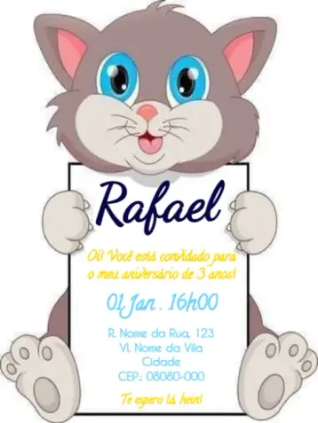 Convite Infantill Gato Para Editar Fofo para aniversário infantil – tema cumpleaños infantil (colores pasteles, estilo divertido, elementos gráficos de animales, globos de colores, diseño moderno, visual infantil)