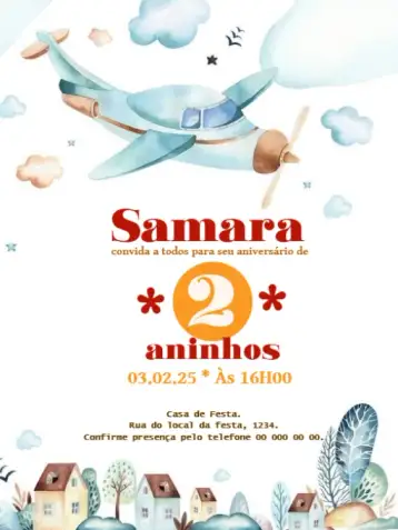 Convite Avião Editar Trem para aniversário infantil – tema aniversário infantil (infantil, divertido, colorido, aéreo, lúdico, brincalhão)