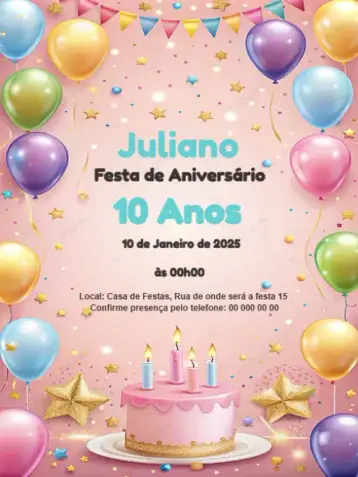 Convite Festa Balões Para Editar Comemoração para aniversário infantil – tema aniversário infantil (colorido, divertido, infantil, festivo, alegre, moderno)