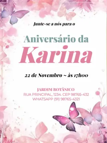 Convite Infantil Borboleta Para Editar Encontro para aniversário infantil – tema aniversário infantil (floral, aquarela, delicado, feminino, colorido, lúdico)