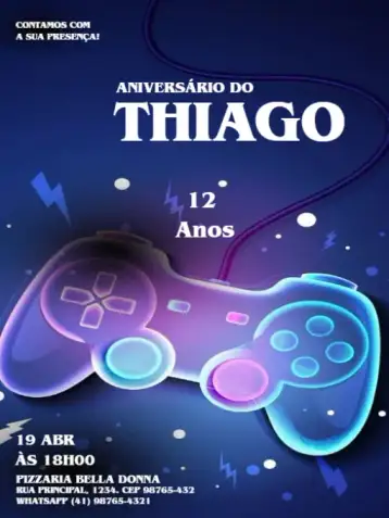 Convite Play Jogo para aniversário infantil com temática de jogos. – tema aniversário infantil (moderno, divertido, colorido, jogos, tecnológico, infantil)