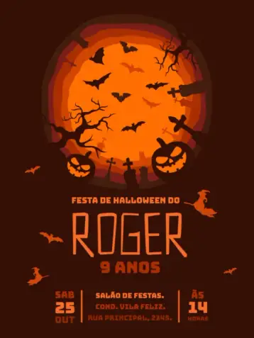 Convite Halloween Hallowen para cumpleaños infantil con temática de halloween. – tema cumpleaños infantil (oscuro, naranja, aterrador, fiesta temática, elementos gráficos de Halloween, mágico)