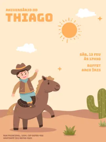 Convite Boys' Desert Farm Cowboy Party para kids' cowboy-themed birthday. – tema kids' birthday party (cowboy theme, earthy tones, rustic style, farm-themed graphics, playful design, animal illustrations)