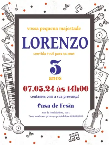 Convite Instrumentos Musicales Azul para cumpleaños infantil – tema cumpleaños infantil (azul, musical, divertido, infantil, delicado, colorido)