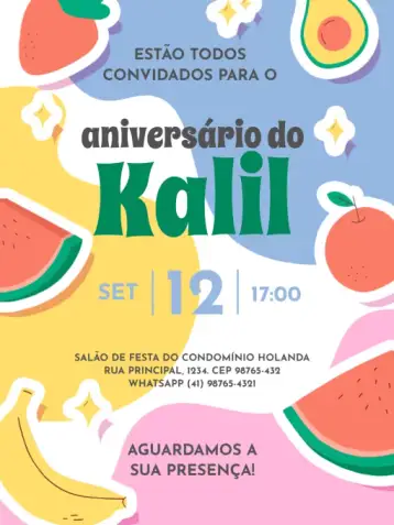 Convite Infantil Fruta Colorida Fiesta para cumpleaños infantil – tema cumpleaños infantil (colorido, frutas, lúdico, divertido, alegre, infantil)