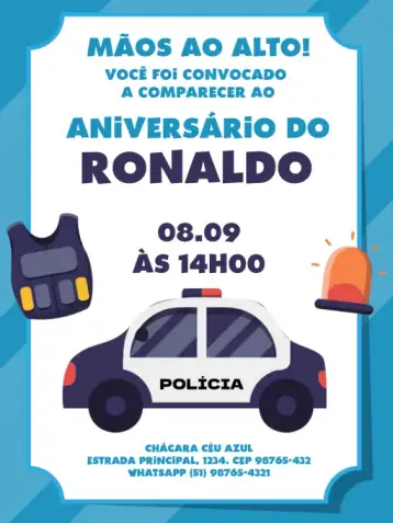 Convite Kids Theme Light Blue Police para kids birthday – tema kids' birthday party (police-themed, light blue, playful, fun, themed, childlike)