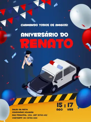 Convite Children's Blue And Red Yellow Police Theme para children's police-themed birthday party. – tema kids' birthday party (police-themed, playful, colorful, fun-filled, childlike, themed)