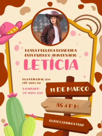 Convite Cowgirl With Brown Hat Photo para kids' birthday with farm theme. – tema kids' birthday party (rustic, playful, brown, beige, themed, countryside)