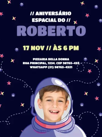 Convite Infantil Espaço Com Foto Azul para aniversário infantil – tema aniversário infantil (espaço, azul, lúdico, temática infantil, noturno, astronômico)