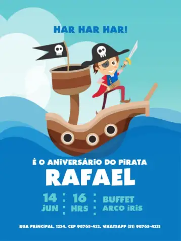 Convite Light Blue Pirate Kids para kids birthday – tema kids' birthday party (pirate, nautical, playful, clear, childlike)