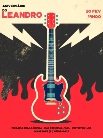 Convite Rock N Roll Guitarra Raio para aniversário infantil com tema rock n roll. – tema aniversário infantil (grunge, rock, música, cores escuras, vibrante, divertido)