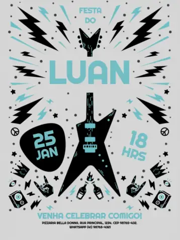 Convite Blue Grunge Rock N Roll para children's birthday – tema kids' birthday party (rock, grunge, azul, musical, jovem, colorido)