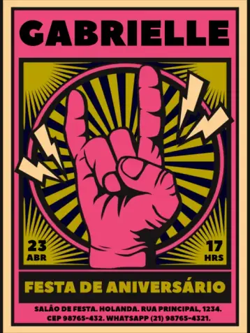 Convite Rock N Roll Rosa Amarelo para aniversário infantil com tema rock n roll. – tema aniversário infantil (moderno, rock n roll, vibrante, musical, jovem, colorido)