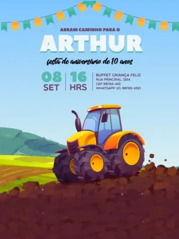 Convite Trator Fazenda Bandeira para aniversário infantil com tema de fazenda – tema aniversário infantil (lúdico, colorido, natureza, fazenda, vintage, divertido)