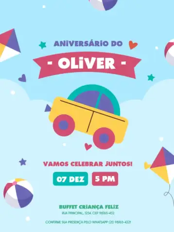 Convite Carrinhos Lúdico Infantil para aniversário infantil – tema aniversário infantil (lúdico, infantil, colorido, moderno, temático)