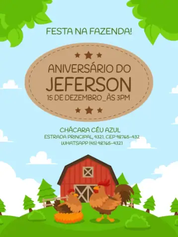 Convite Galinha Roça Farm para children's birthday – tema kids' birthday party (playful, colorful, themed, nature-themed, childlike)