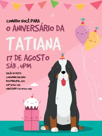 Convite Cachorro Rosa Jovem para aniversário infantil. – tema aniversário infantil (lúdico, colorido, infantil, fofo, moderno)