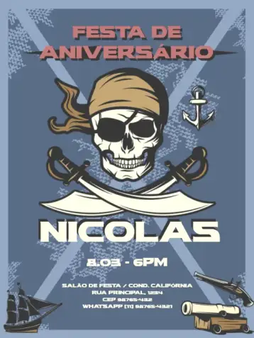 Convite De Pirata Azul Encontro para aniversário infantil com tema de pirata. – tema aniversário infantil (pirata, azul escuro, aventura, mar, caveira, navio)