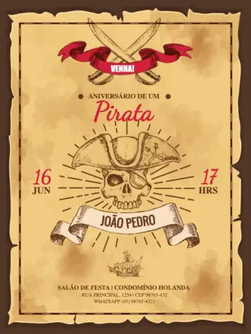 Convite Del Pirata Rústico Infantil para cumpleaños infantil con temática pirata. – tema cumpleaños infantil (rústico, pirata, oscuro, aventura, marítimo, juvenil)