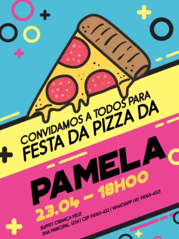 Convite Con Tema Fiesta de Pizza Colorida para cumpleaños infantil – tema cumpleaños infantil (colorido, moderno, geométrico, divertido, jovem, temático)