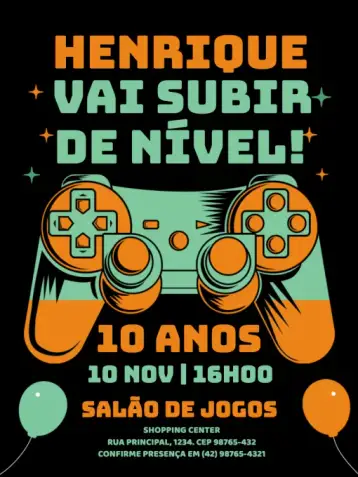 Convite Boys' Video Game Themed Party para children's birthday party with video game theme – tema kids' birthday party (videogame, playful, colorful, modern, fun)