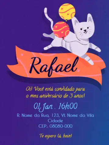 Convite Infantill Gato Festa para aniversário infantil – tema cumpleaños infantil (colorido, divertido, ilustraciones de animales, globos, tierno, lúdico)