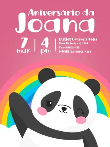 Convite Rainbow Pink Panda para children's birthday – tema kids' birthday party (playful, colorful, childlike, vibrant, fun)