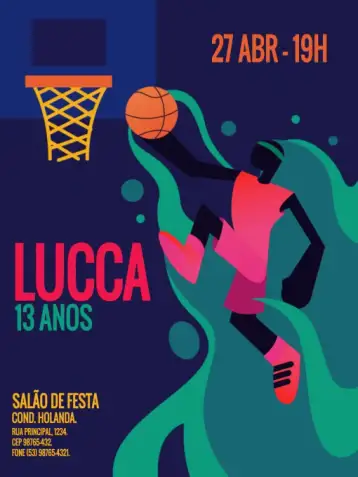 Convite Dark Basketball Hoop para children's birthday with a basketball theme. – tema kids' birthday party (sporty, colorful, modern, fun illustration, youthful)