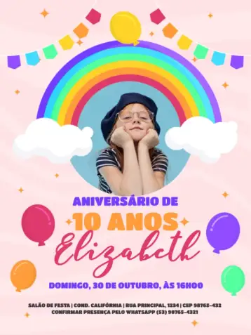 Convite 10 Años Con Foto Infantil para aniversario infantil – tema cumpleaños infantil (colorido, lúdico, moderno, infantil, arco-íris, festa)