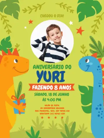 Convite Dinossauro Verde Presente para aniversário infantil – tema aniversário infantil (colorido, lúdico, divertido, temática de dinossauro, verde vibrante)