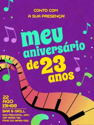 Convite Musical Morado para cumpleaños infantil – tema cumpleaños infantil (musical, años 70, colorido, divertido, morado, vintage)