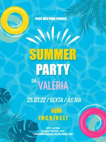 Convite Fiesta de Verano para cumpleaños infantil – tema cumpleaños infantil (tropical, verano, colorido, divertido, juguetón, playero)