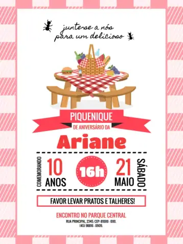 Convite Red Picnic para kids birthday with a picnic theme. – tema kids' birthday party (red, fun, childish, playful, natural, thematic)