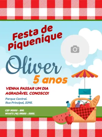 Convite Picnic Niño para cumpleaños infantil. – tema cumpleaños infantil (colorido, divertido, frutas, vibrante, moderno, infantil)
