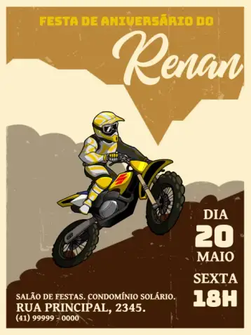 Convite Vintage Motorcycle para kids birthday with a motorcycle theme. – tema kids' birthday party (vintage, motocross, dark, adventure, dynamic)