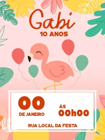 Convite Flamingo Digital para cumpleaños infantil – tema cumpleaños infantil (tropical, moderno, delicado, colorido, feminino, praia)