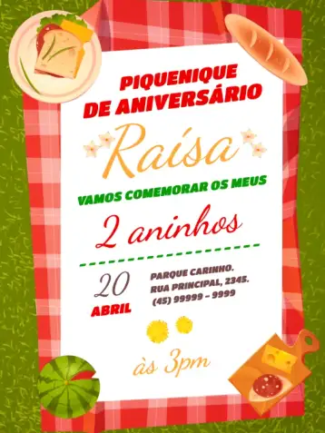 Convite Picnic Divertido para cumpleaños infantil – tema cumpleaños infantil (colorido, divertido, lúdico, frutas, natureza, fiesta al aire libre)