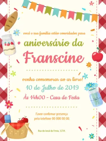Convite Picnic Pão para cumpleaños infantil – tema cumpleaños infantil (colorido, floral, divertido, natural, vintage, infantil)